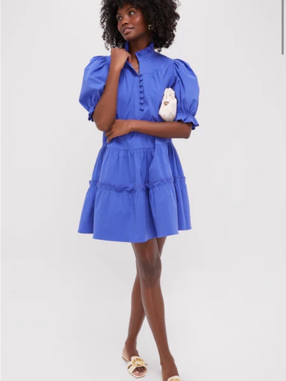 Pomander Place Azure Blue Ruffled Neck Mini Dress